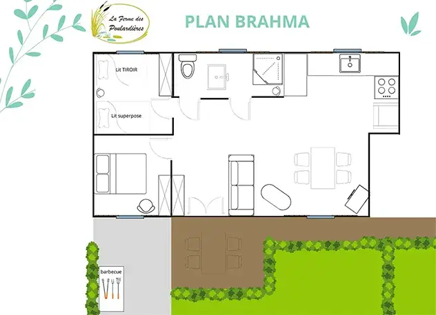 Plan du gîte Brahma : chambre lit double, chambre lit superposé et lit tiroir, cuisine, séjour, salle de bain, WC et terrasse avec barbecue