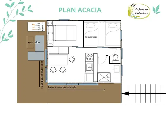 Plan du chalet Acacia : chambre lit 140, chambre enfants 3 lits 80, séjour-cuisine ouvert par 2 baies vitrées d’angle, salle de bain, WC séparé et terrasse 18 m²