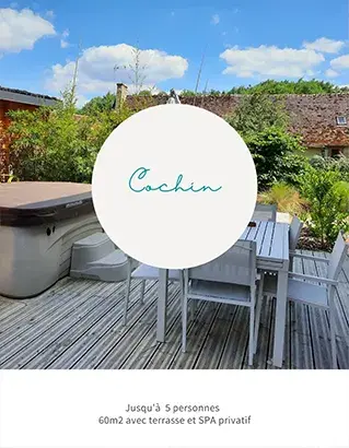 Pièce de vie du gîte Cochin avec terrasse et spa privatif en Sologne
