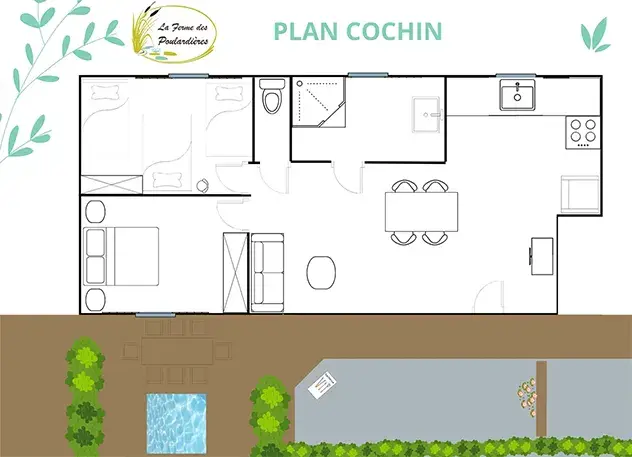 Plan du gîte Cochin : chambre lit 160, chambre 3 lits 80, séjour-cuisine, salle de bain, WC séparé et terrasse avec spa privatif 5 places
