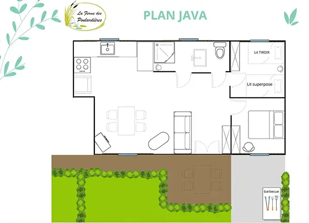 Plan du gîte Java : chambre lit double 140, chambre lit superposé 90 + lit tiroir 90, séjour-cuisine, salle de bain, WC séparé et terrasse