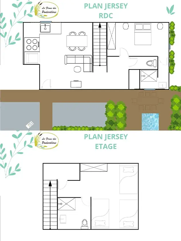 Plan du gîte Jersey sur 2 niveaux : RDC avec suite parentale (lit 160 + SDB privée) et séjour-cuisine ; étage avec chambre enfants (3 lits 80 jumelables) et SDB ; terrasse avec jacuzzi privatif 5 places