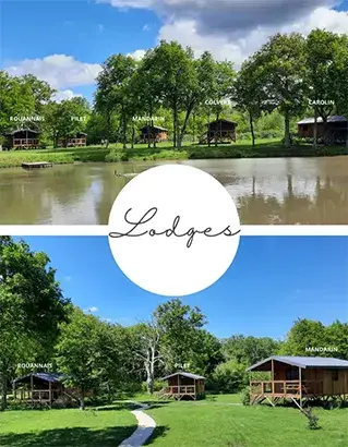 Terrasse en bois du lodge sur pilotis avec vue sur la nature à La Ferme des Poulardières