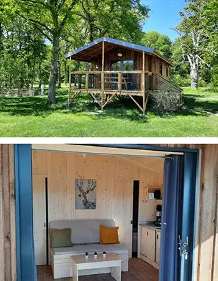 Cuisine équipée du lodge en bois pour un séjour en famille en Sologne