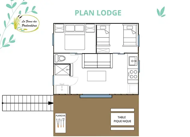 Plan d’un lodge en bois : chambre parentale lit 160, chambre enfants 2 lits 80, séjour-cuisine, salle de bain et terrasse 13 m²