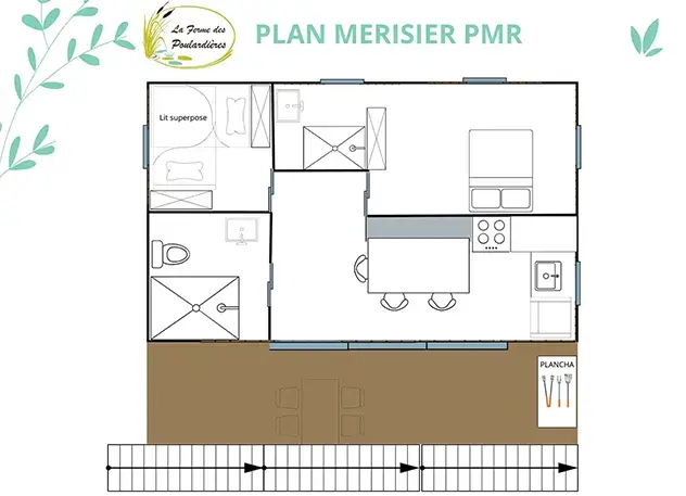 Plan du chalet PMR Merisier : suite parentale lit 160 avec douche XL, chambre enfants 2 lits 80, séjour avec banquette, 2 SDB dont 1 PMR et terrasse 17 m² avec rampe