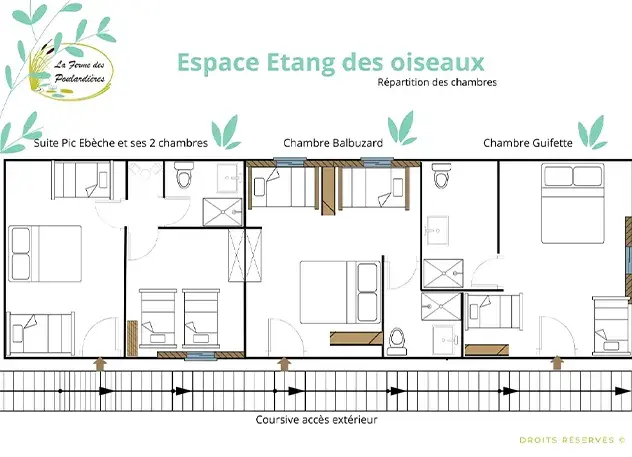 Plan des chambres de l’Étang des Oiseaux avec la suite Pic Épeiche